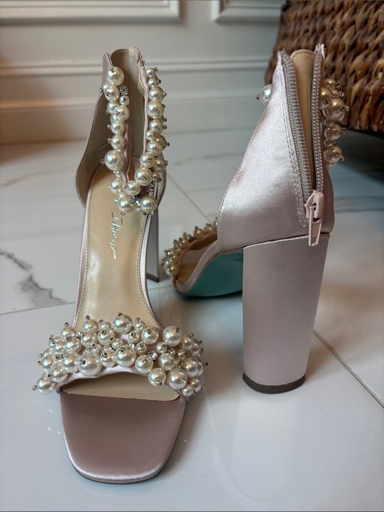 Betsey Johnson Shoes - Betsey Johnson Pearl-Embellished Satin Block Heels in Blush Pink